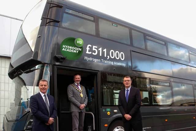 The Mayor of Mid and East Antrim, Cllr William McCaughey pictured with Graham Whitehurst – MTF Chair (left) and Neil Collins, Wrightbus Managing Director.