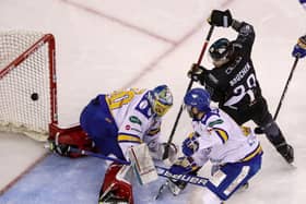 Belfast Giants’ Jordan Boucher on target in last weekend’s Challenge Cup game. Pic by PressEye