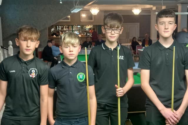 Coleraine's Lewis Doherty (Potters), far left, lost out to Gerard Francis Heaney (far right) 5-4 in the final of the under-15 NI Pool Championships (World Rules) in Omagh. Heaney had defeated Devin Rankin (Potters), third from left, in the semi-finals
