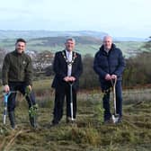 Ian McCurley (Director for Woodland Trust Northern Ireland) with Jim McCooe (Lloyds Banking Group Ambassador for Northern Ireland) and Mayor of Antrim and Newtownabbey, Cllr Billy Webb MBE JP. Picture by Michael Cooper.