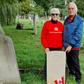 Diana Beaupré and Adrian Watkinson at the grave of Henry Thomas Hobbs which they located in Surrey