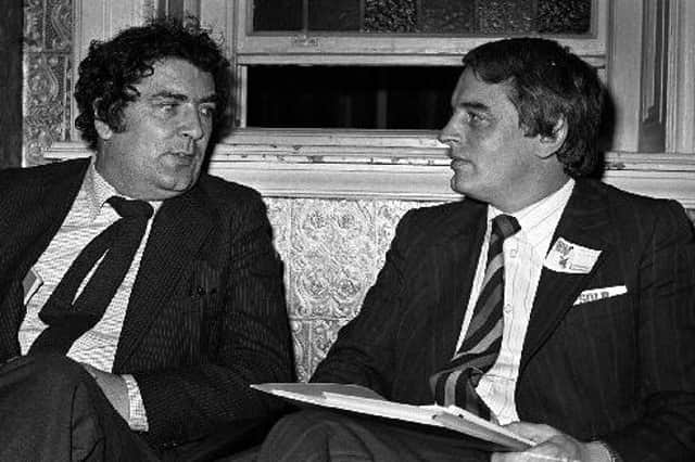 PACEMAKER PRESS INTL. BELFAST. John Hume and Austin Currie talking at SDLP Conference in Newcastle.