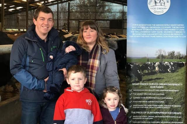 Stephen and Amanda Gibson with their family on Hollowbridge Farm, Hillsborough, Co Down.