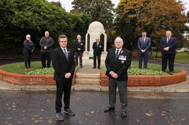 Hilden War Memorial wIth Mayor Alderman Stephen Martin and representaives of the Royal British Legion in Lisburn, including Chairman Brian Sloan