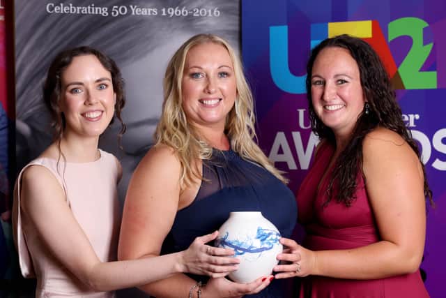 Dunamoy Spa and Cottages (Ballyclare) picked up the Spa of the Year award, alongside The White Orchid (Armagh) at the 2021 Ulster Tatler Awards. Stacey Hamill (middle) and Lesley-Ann Witherspoon (right) of Dunamoy Spa and Cottages are pictured alongside Rebecca Jess of Linwoods (award sponsor).