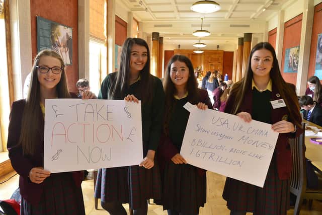 Pupils from St Ronan’s College took part in COP26 Climate Simulation Negotiation event at Parliament Buildings, Stormont, playing the role of Climate Activists and representing South Africa