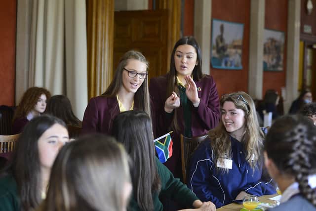 St Ronan's College pupils Caitlyn O'Neill and Ava O'Neill representing South Africa at the COP26 Climate Simulation Negotiation event at Parliament Buildings, Stormont