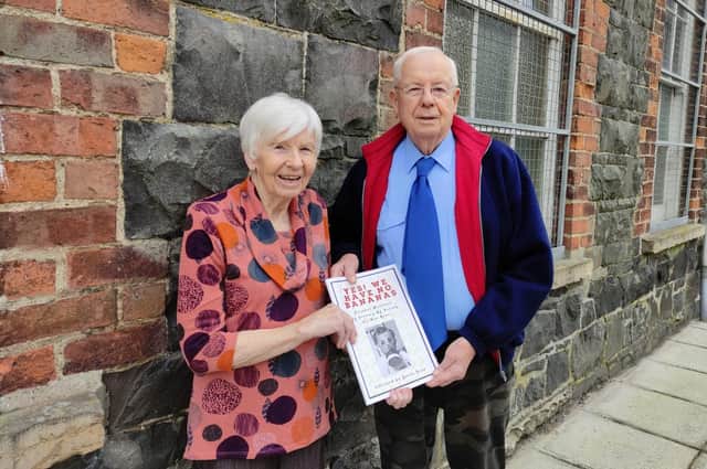 Two of the people interviewed for the book - cousins Maude Alexander and James Grant at the site of the old aircraft factory in Banbridge