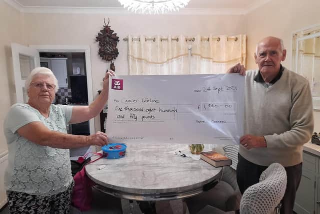 Members of the Breakaway Community Group in Newtownabbey, led by Joyce Campbell, have supported Belfast-based charity, Cancer Lifeline, for a number of years. The group recently raised £1,850 for the worthy cause through a fundraising night at Whitehouse Working Men’s Club. Joyce is pictured with her husband Trevor.