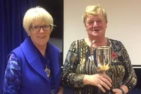 Muckamore WI president Elizabeth Gray presents the Rebecca McCourt trophy for past competitions to Joan Gray.