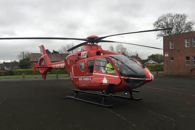 The Northern Ireland Air Ambulance landed on the tennis courts of First Dromore Presbyterian Church in Dromore County Down today.