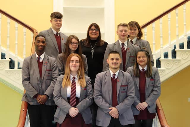 Maria Robb from Hazelwood Integrated College in Newtownabbey is pictured with members of the Post 16 Leadership Team who nominated her for being an ambassador for anti-bullying for many years within the college.