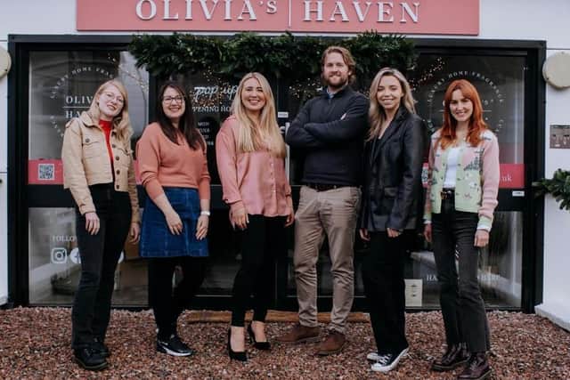 Pictured with Olivia Burns (centre), Founder of Olivia’s Haven and Managing Director, Aaron Mulholland, are team members Clíodhna Logan, Joanne Moore, Laura Smith and Catherine Lamont