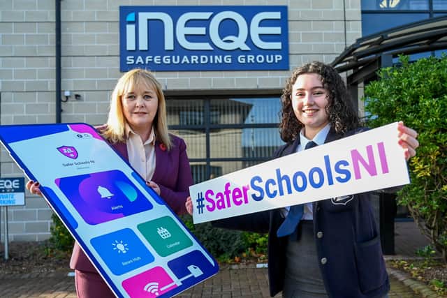 Education Minister Michelle McIlveen and school pupil and Secondary Students’ Union NI member, Clara McDevitt.