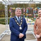 The Mayor of Antrim and Newtownabbey, Councillor Billy Webb with Nadine Coyle in Antrim Castle Gardens.