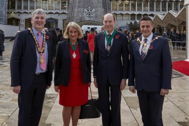 The Mayor of Causeway Coast & Glens Borough Council, Councillor Richard Holmes, pictured with Mrs Wendy Hyde, Deputy Governor of the Irish Society, the Secretary of the Irish Society, Edward Montgomery, and the Mayor of Derry City & Strabane District Council, Alderman Graham Warke, during a recent visit to London organised as part of Council’s ongoing NI 100 programme of events