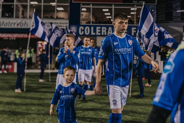 Patrick Kelly takes to the field for his full Coleraine debut. PICTURE: David Cavan