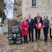 Veterans’ Champion Alderman Sharon McKillop, Alderman Mark Fielding, Mayor of Causeway Coast and Glens Borough Council Councillor Richard Holmes, Alderman Yvonne Boyle, and Alderman Michelle Knight McQuillan pictured at the centenary commemoration of the Ulster Memorial Tower