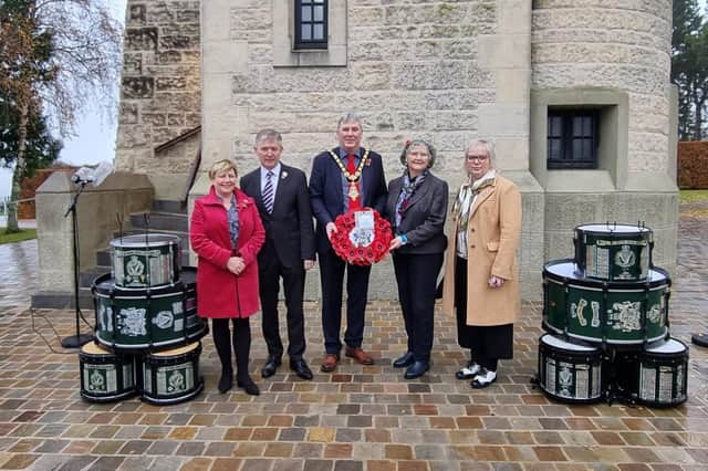 Veterans’ Champion Alderman Sharon McKillop, Alderman Mark Fielding, Mayor of Causeway Coast and Glens Borough Council Councillor Richard Holmes, Alderman Yvonne Boyle, and Alderman Michelle Knight McQuillan pictured at the centenary commemoration of the Ulster Memorial Tower