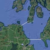 A map showing proposed routes for a proposed bridge linking Scotland and Northern Ireland