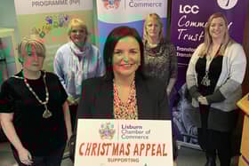 Lisburn Chamber Ambassador, Denise Watson launches this year’s Christmas Appeal alongside President, Katrina Collins, Roberta Marshall and Eilish Robinson from Barnardos and Lynsey Agnew from the Lisburn Foodbank