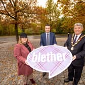 Mayor of Antrim and Newtownabbey Cllr Billy Webb with Gillian McMaster Ulster Scots Agency and Head of Comunity Planning Ronan McKenna.