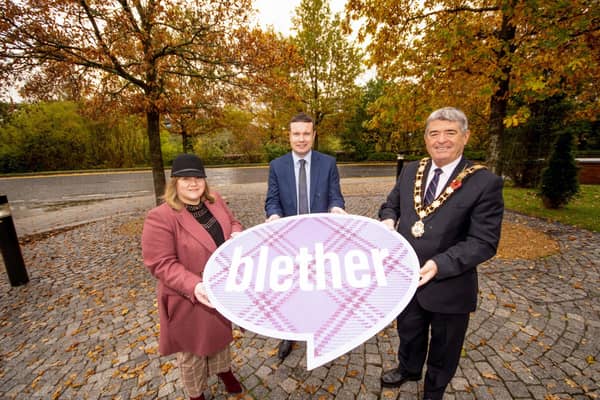 Mayor of Antrim and Newtownabbey Cllr Billy Webb with Gillian McMaster Ulster Scots Agency and Head of Comunity Planning Ronan McKenna.