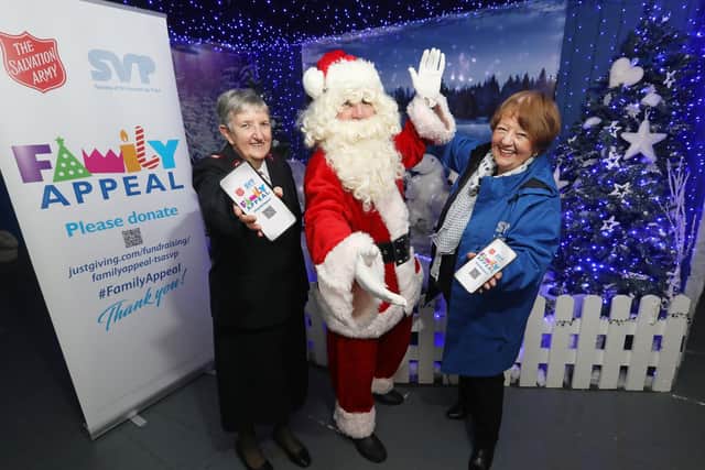 Santa launches The Salvation Army and St Vincent de Paul Family Appeal with Major Jacqueline Wright of The Salvation Army and Mary Waide, Regional President SVP North Region.