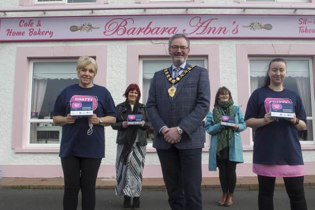 Barbara Ann and staff alongside Mayor, Cllr William McCaughey, Yvonne Carson, NHSCT and Deborah Neill, MEA Loneliness Network.
