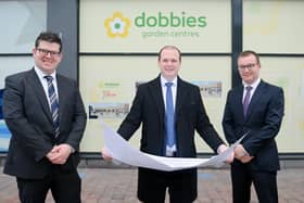 Pictured (L-R): Chris Flynn, Centre Director, The Junction; Gordon Lyons, Economy Minister and Craig Stewart, Senior Asset Manager, Lotus Property. The Economy Minister was at The Junction Retail & Leisure Park this week to visit the proposed site for a new 110,000 sq. ft Dobbies garden centre.