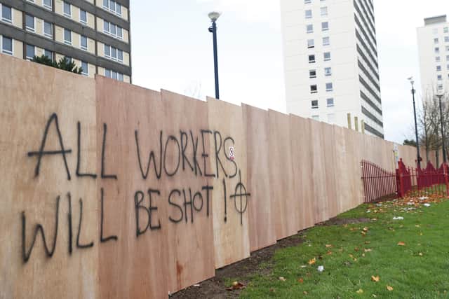 Graffiti at a Housing Executive work site in the Rathcoole area.  (Picture by Peter Morrison/PressEye)