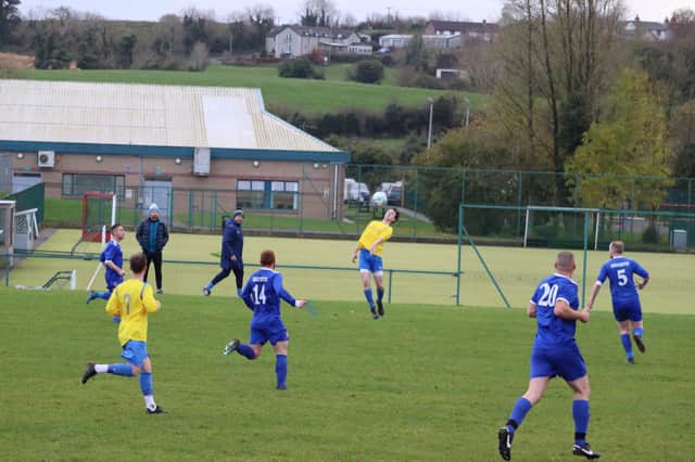 Great leap and fantastic control by Carryduff Colts striker Ciaran Sherry during last Saturday’s game against Newhill