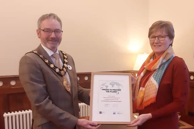 Mayor of Mid and East Antrim, Cllr William McCaughey and Elaine Smith, Council Climate and Sustainability Manager.
