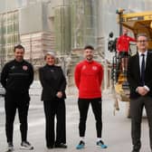 From left to right: Tiernan Lynch, Larne FC manager; Sandara Kelso-Robb MBE, strategic advisor, Brighter Futures Fund; Tomas Cosgrove, John Herron, both Larne FC; Gary Wilmot, CEO, Kilwaughter Minerals; Lenny the Lion, Larne FC mascot and Caroline Rowley, head of business development, Kilwaughter Minerals.Picture by Darren Kidd/PressEye