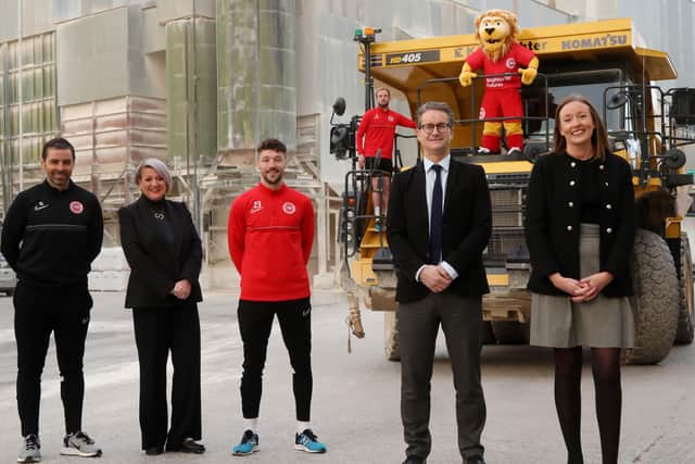 From left to right: Tiernan Lynch, Larne FC manager; Sandara Kelso-Robb MBE, strategic advisor, Brighter Futures Fund; Tomas Cosgrove, John Herron, both Larne FC; Gary Wilmot, CEO, Kilwaughter Minerals; Lenny the Lion, Larne FC mascot and Caroline Rowley, head of business development, Kilwaughter Minerals.
Picture by Darren Kidd/PressEye