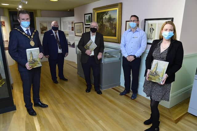 The Mayor, Alderman Stephen Martin; Paul Allison, Museum Service Manager; Gilbert Watson, author; Dr Ciaran Toal, exhibition curator and Cllr Sharon Skillen, Leisure & Community Development Chair pictured with the new book and exhibition celebrating local poet James McKowen (1814-89), Bard of Lambeg.