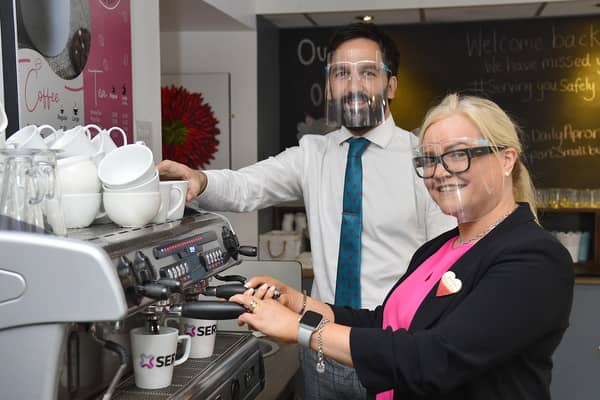 Tim Smith, SERC part-time Lecturer and Brand Development Manager for Johnsons Coffee with Julie Curry, Manager, The Daily Apron, Lisburn