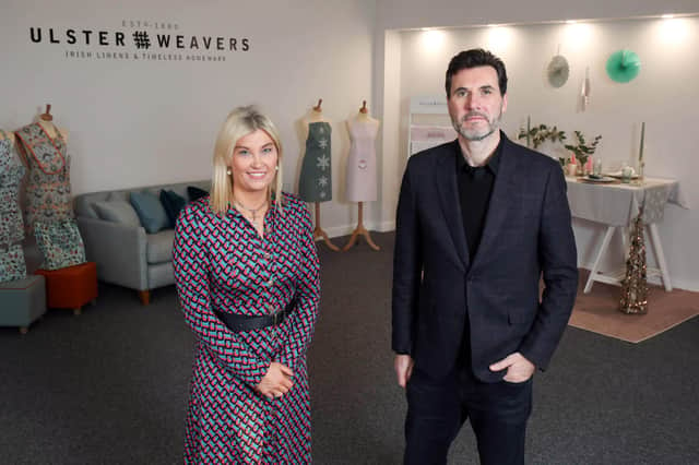 Managing Director of Ulster Weavers, Gillian McLean, with Rupert Daniels, Director of the UK government’s Department for International Trade (DIT). They are pictured at Ulster Weavers’ headquarters at Lissue Industrial Estate in Lisburn.