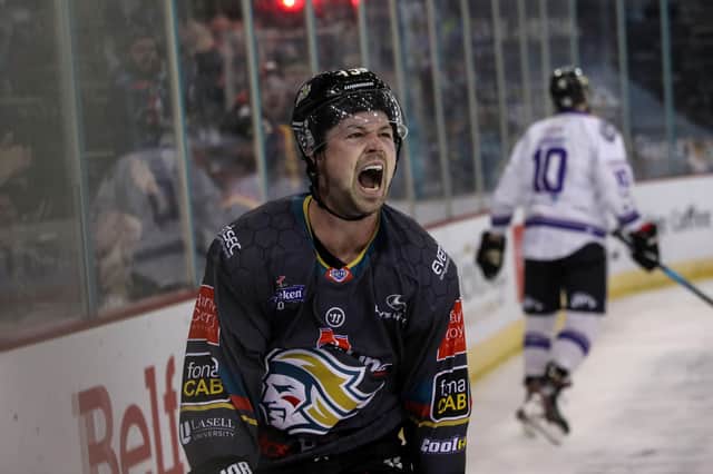 Belfast Giants’ Darcy Murphy celebrates scoring against Manchester Storm during last Saturday night’s Elite Ice Hockey League game