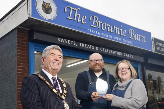 Mayor of Antrim and Newtownabbey Cllr Billy Webb with owners of the Brownie Barn Rhonda and Robert Slade.