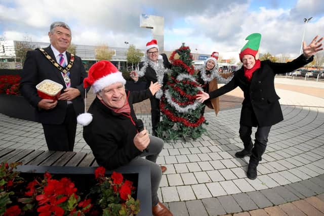 Pictured L-R (back row): Cllr Billy Webb, Mayor of Antrim & Newtownabbey Borough Council, Chris Flynn, centre director at The Junction; Sarah Mackey, executive and business support at Arts & Business NI. L-R (front row): Dan Gordon, actor and Paul Mc Eneaney, artistic director at Cahoots NI launch the return of award-winning Christmas panto, Elves Got Talent 2, to The Junction in Antrim.