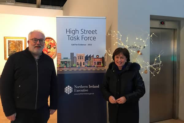 Adrian Farrell with Upper Bann MLA Diane Dodds at a meeting of the High Street Task Force in Portadown.