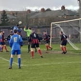 Mattie O’Rourke superbly leaps to head Carryduff Colts into the lead against Whitehead Eagles