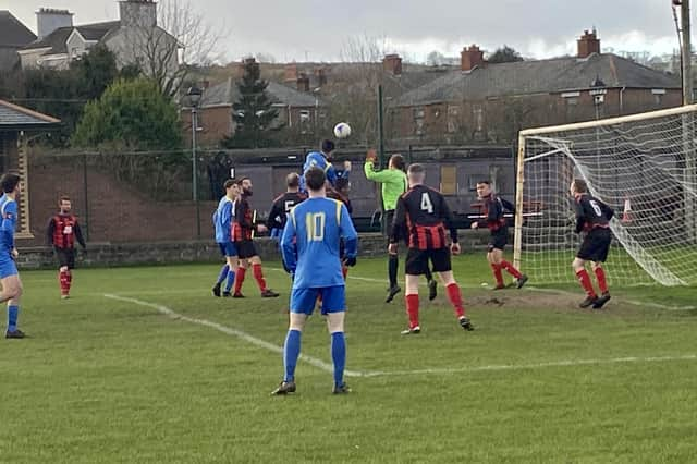 Mattie O’Rourke superbly leaps to head Carryduff Colts into the lead against Whitehead Eagles