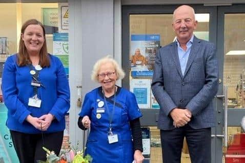 Sadie with Lyndsay Sinclair (Pharmacy Manager in Portrush) and  Robert Gordon
