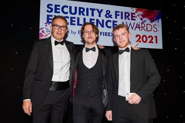 Pictured (L-R) Simon Banks, founder of CSL & Chairman of the British Security Industry Association presented Awards to Adam Smylie (centre) First Place in the Fire Alarm Systems Engineers of Tomorrow competition and Owen Nelson (from England) who took First Place in the Electronic Security Systems competition