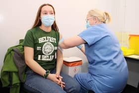 Press Eye - Belfast - Northern Ireland - 30th November 2021

Amber McCalmont receives her vaccination from Harriet Craig at the NHS COVID-19 Vaccination Centre at Seven Towers Leisure Centre in Ballymena, Co. Antrim.  

The global pandemic continues to have an effect on daily life in Northern Ireland with booster jabs being introduced to try and help the impact of the virus. 

Picture by Jonathan Porter/PressEye