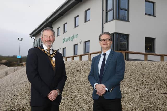 Kilwaughter Minerals Chief Executive Gary Wilmot joined by Mid & East Antrim Mayor, William McCaughey, for the opening of new £1.75m Kilwaughter office building.