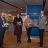 Pictured is Philip Thompson, Angeline King, Cllr Cheryl Brownlee , Mayor Cllr William McCaughey, Mukesh Sharma and Jayne Clarke at Council’s ‘Looking Back, to Look Forward: Mid and East Antrim 1921 – 2021’ Northern Ireland Centenary booklet launch.