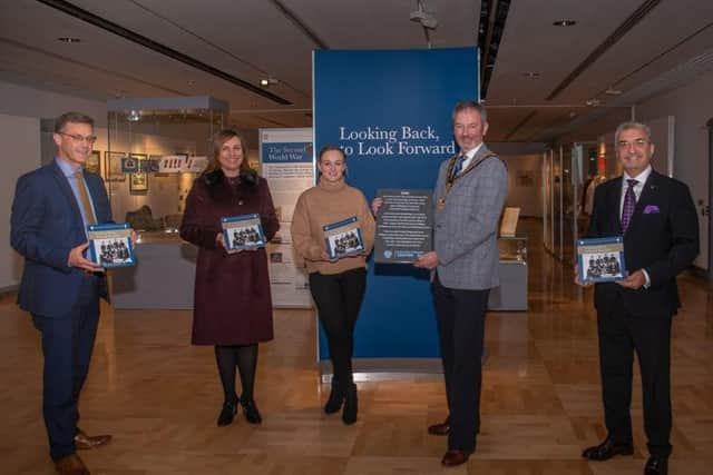 Pictured is Philip Thompson, Angeline King, Cllr Cheryl Brownlee , Mayor Cllr William McCaughey, Mukesh Sharma and Jayne Clarke at Council’s ‘Looking Back, to Look Forward: Mid and East Antrim 1921 – 2021’ Northern Ireland Centenary booklet launch.